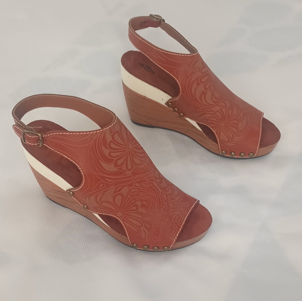 JOLIMALL Brand Wedge Sandals Heels Size 7 Brown  Great Condition
